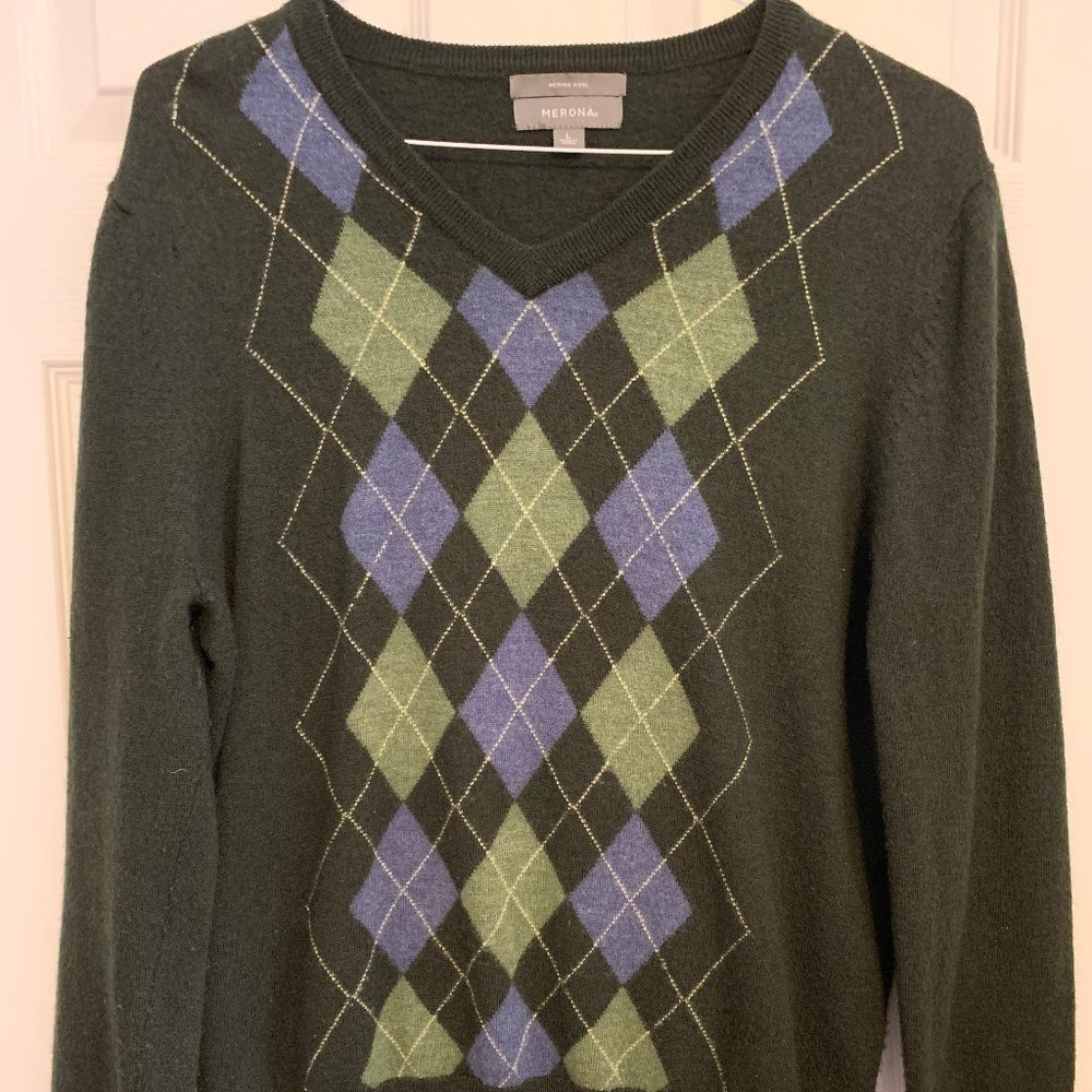 Men's Dark Green Sweater Diamond Pattern Long Sleeve V-Neck